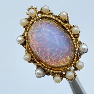 Vintage Opal Glass & Faux Pearl Adjustable Gold Tone Statement Ring